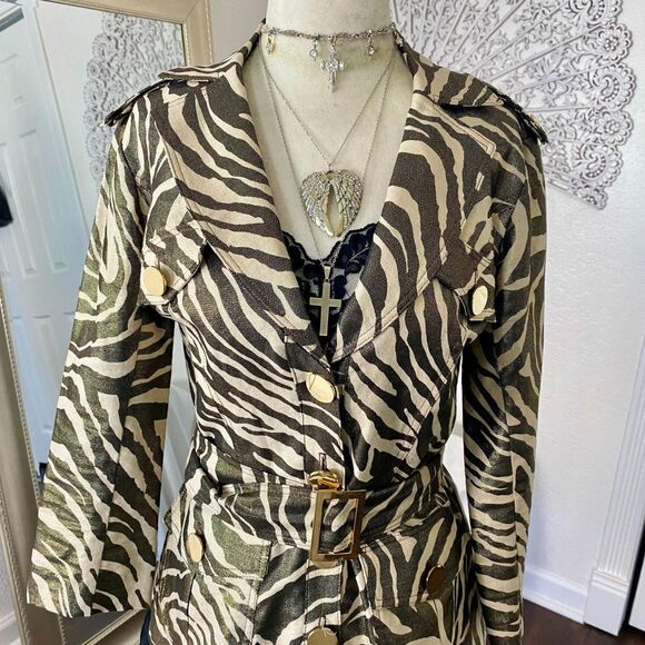 VTG 90s Cache Gold Metal Zebra Linen Cotton Button Tailored Belted Jacket XS - Picture 2 of 8